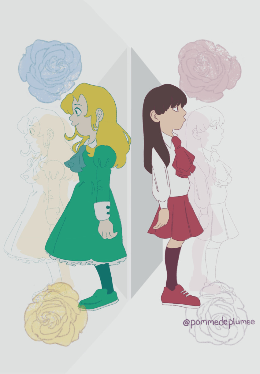 2021, 2d, 2girls, arms_at_sides, artist_name, ascot, blonde_hair, blue_eyes
