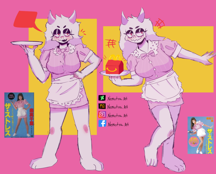 +++, 1girl, 2023, 2d, absurdres, alternate_costume, animal_ears, anthro, apron, artist_name, barefoot, blank_speech_bubble, body_fur, border, commentary, deviantart_username, digital_media, dress, droopy_ears, english_commentary, eyelashes, facebook_username, fangs, female, female_only, floppy_ears, full_body, furry, furry_female, goat, goat_ears, goat_girl, goat_horns, half-closed_eyes, highres, holding, holding_tray, horns, instagram_username, leaning_to_the_side, maid, mammal, mcdonald's, monster, monster_girl, nemotraart, newgrounds_username, photo-referenced, photo_inset, pink_background, pink_border, pink_dress, reference_inset, reference_photo, simple_background, solo, speech_bubble, standing, toriel, tray, undertale, uniform, utdr_(toby_fox), waitress, white_apron, white_fur, white_horns, yellow_background