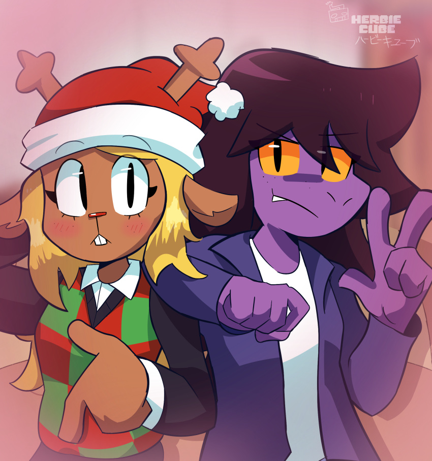 2025, 2d, 2girls, animal_ears, anthro, antlers, arm_on_shoulder, artist_name, blonde_hair, blue_pants, blue_shirt, body_fur, brown_fur, buck_teeth, colored_sclera, colored_skin, deer, deer_ears, deer_girl, deltarune, digital_media, duo, female, female_only, furry, furry_female, hat, herbiecube, highres, jacket, lizard, lizard_girl, long_hair, long_sleeves, looking_at_viewer, mammal, monster, monster_girl, multiple_girls, noelle_holiday, orange_background, pants, purple_hair, purple_jacket, purple_skin, red_hat, reindeer, reindeer_girl, reptile, reptile_girl, santa_hat, scalie, sharp_teeth, shirt, simple_background, skirt, striped_clothes, susie_(deltarune), teeth, two-tone_shirt, upper_body, utdr_(toby_fox), w, white_shirt, yellow_sclera