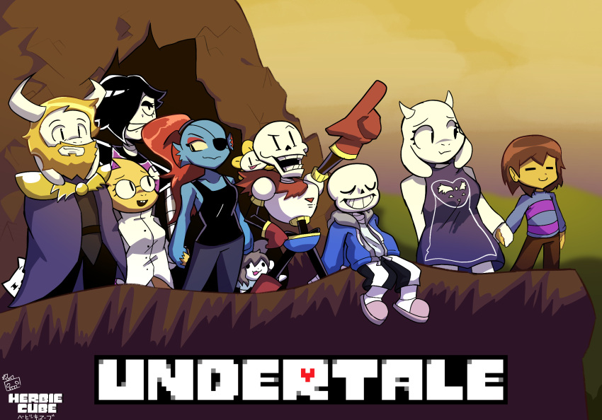 1other, 2025, 2d, 3girls, 5boys, alphys, ambiguous_gender, animal, animal_ears, annoying_dog, anthro, aqua_shirt, arm_at_side, arm_support, armor, artist_name, asgore_dreemurr, beard, black_eyepatch, black_shorts, black_tank_top, blonde_hair, blue_jacket, blue_pants, blue_shorts, blue_skin, blue_sweater, body_fur, boots, brothers, brown_hair, brown_pants, buck_teeth, cave, cloak, closed_eyes, closed_mouth, coat, colored_sclera, colored_skin, colored_teeth, commentary, copyright_name, digital_media, dinosaur, dinosaur_girl, dog, double_horizontal_stripe, drawstring, droopy_ears, ear_fins, english_commentary, eyepatch, facial_hair, fangs, female, fins, fish, fish_girl, floppy_ears, flower, flowey_(undertale), frisk_(undertale), furry, furry_female, furry_male, glasses, gloves, goat, goat_boy, goat_ears, goat_girl, goat_horns, grey_hair, grey_hood, hand_on_own_hip, head_fins, herbiecube, high_ponytail, highres, holding_hands, hollow_eyes, hood, hood_down, hooded_jacket, horizontal-striped_clothes, horns, human, humanoid, jacket, lab_coat, lizard, lizard_girl, long_hair, long_sleeves, male, mammal, monster, monster_boy, monster_girl, multiple_animal_ears, multiple_boys, multiple_girls, open_clothes, open_jacket, open_mouth, outdoors, pants, papyrus_(undertale), pauldrons, pink_slippers, pink_stripes, plant, pointing, pointing_forward, pointing_up, ponytail, purple_cloak, purple_robe, red_boots, red_gloves, red_hair, red_scarf, reptile, reptile_girl, reptile_tail, robe, sans_(undertale), scalie, scarf, sharp_teeth, shirt, short_hair, shorts, siblings, sideways_glance, single_vertical_stripe, sitting, skeleton, sky, slippers, slit_pupils, smile, socks, solid_circle_eyes, solid_eyes, striped_clothes, striped_shorts, striped_sweater, sweater, tank_top, teeth, temmie, tongue, tongue_out, toriel, two-tone_sweater, undead, undertale, undyne, utdr_(toby_fox), vertical-striped_clothes, vertical-striped_shorts, white_armor, white_coat, white_dog, white_fur, white_horns, white_shirt, white_sleeves, white_socks, white_stripes, yellow_flower, yellow_sclera, yellow_skin, yellow_teeth, |_|