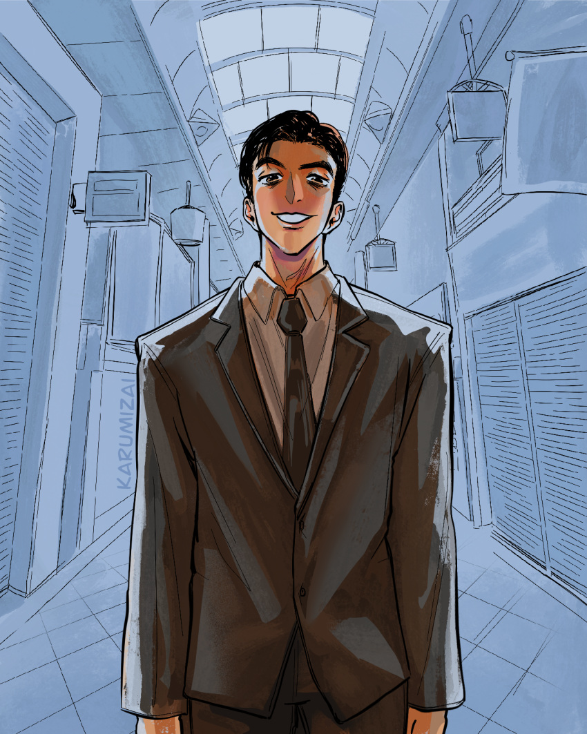 1boy, black_hair, collared_shirt, famiresu_iko., formal_clothes, grin, highres, jacket