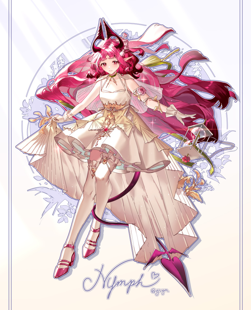 1girl, absurdres, arknights, blush, choker, commentary_request, demon_tail, dress