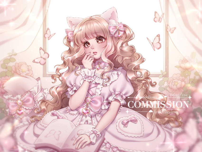 1girl, \||/, aegyo_sal, animal_ear_fluff, animal_ears, artist_name, bare_arms, blonde_hair