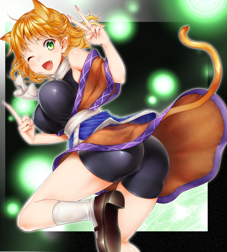 animal_ears, ass, bare_shoulders, bike_shorts, blonde_hair, breasts, cat_ears, cat_tail