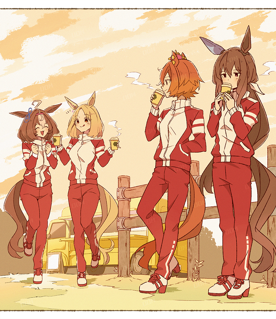4girls, admire_vega_(umamusume), ahoge, animal_ears, blonde_hair, blush, breasts, brown_hair, closed_eyes, closed_mouth, crown, cup, disposable_cup, domdam80, double-parted_bangs, ear_covers, ear_ribbon, hair_between_eyes, hairband, hand_in_pocket, holding, holding_cup, horse_ears, horse_girl, horse_tail, jacket, large_breasts, long_hair, long_sleeves, medium_breasts, medium_hair, meisho_doto_(umamusume), mini_crown, multicolored_hair, multiple_girls, narita_top_road_(umamusume), open_mouth, orange_hair, orange_tail, outdoors, pants, pink_crown, pink_hairband, ponytail, red_jacket, red_pants, red_track_suit, shoes, short_hair, single_ear_cover, sky, small_breasts, smile, t.m._opera_o_(umamusume), tail, tongue, tongue_out, tracen_training_uniform, track_jacket, track_pants, track_suit, two-tone_hair, umamusume, umamusume:_road_to_the_top, violet_eyes, white_hair