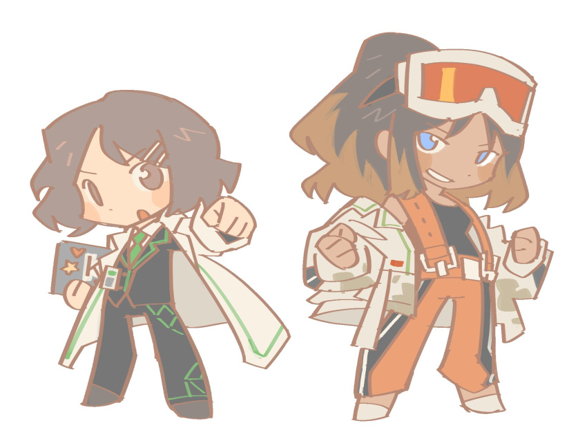 2girls, black_hair, black_pants, black_shirt, blue_eyes, brown_eyes, brown_hair, chibi