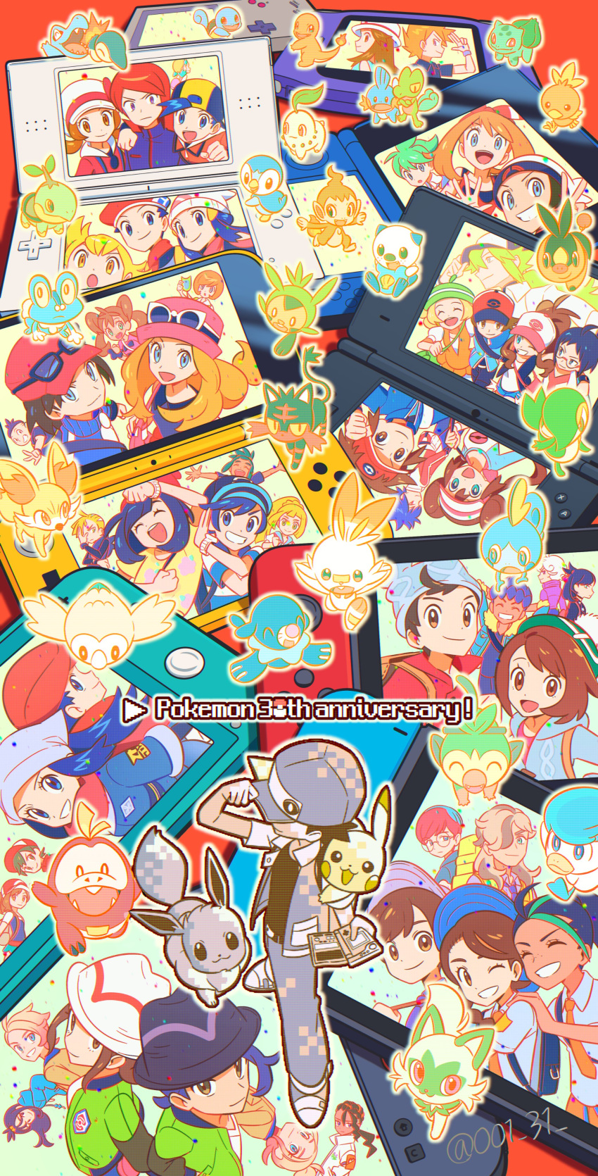 6+boys, 6+girls, absurdres, ahoge, akari_(pokemon), anniversary, aqua_shorts, arven_(pokemon)