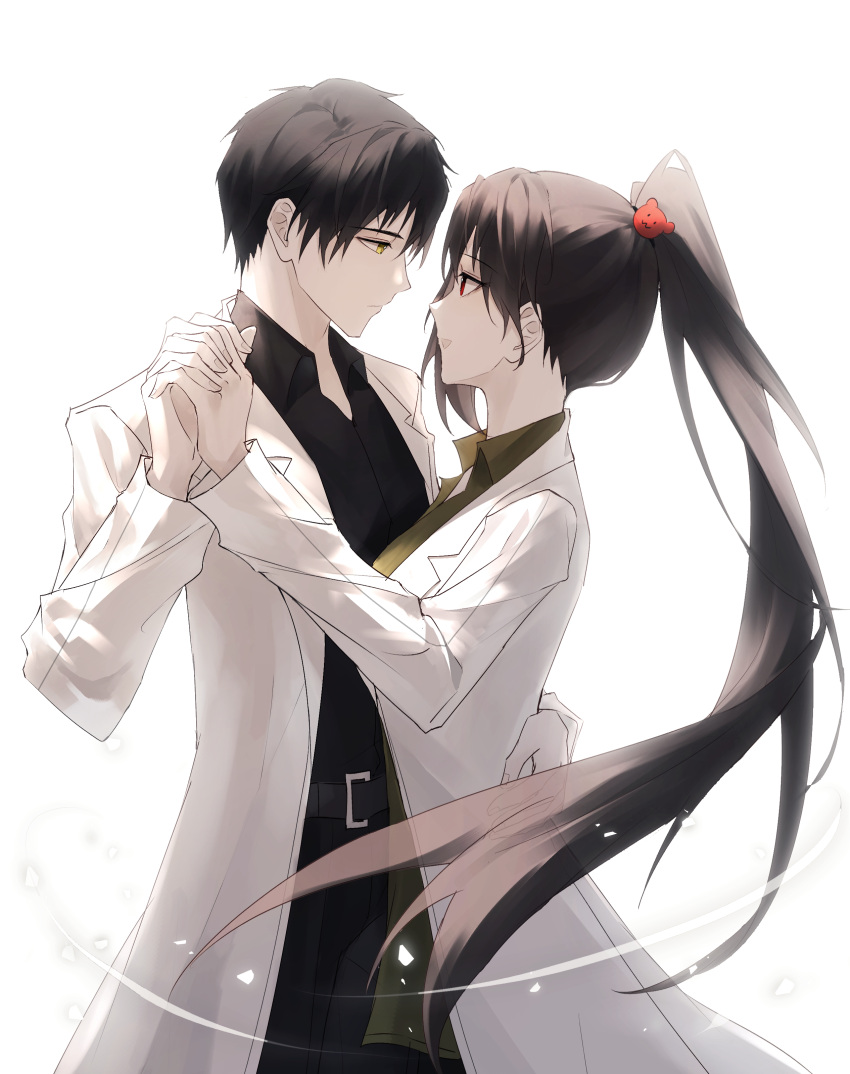 1boy, 1girl, absurdres, ayin_(project_moon), bear_hair_ornament, belt, black_belt, black_pants