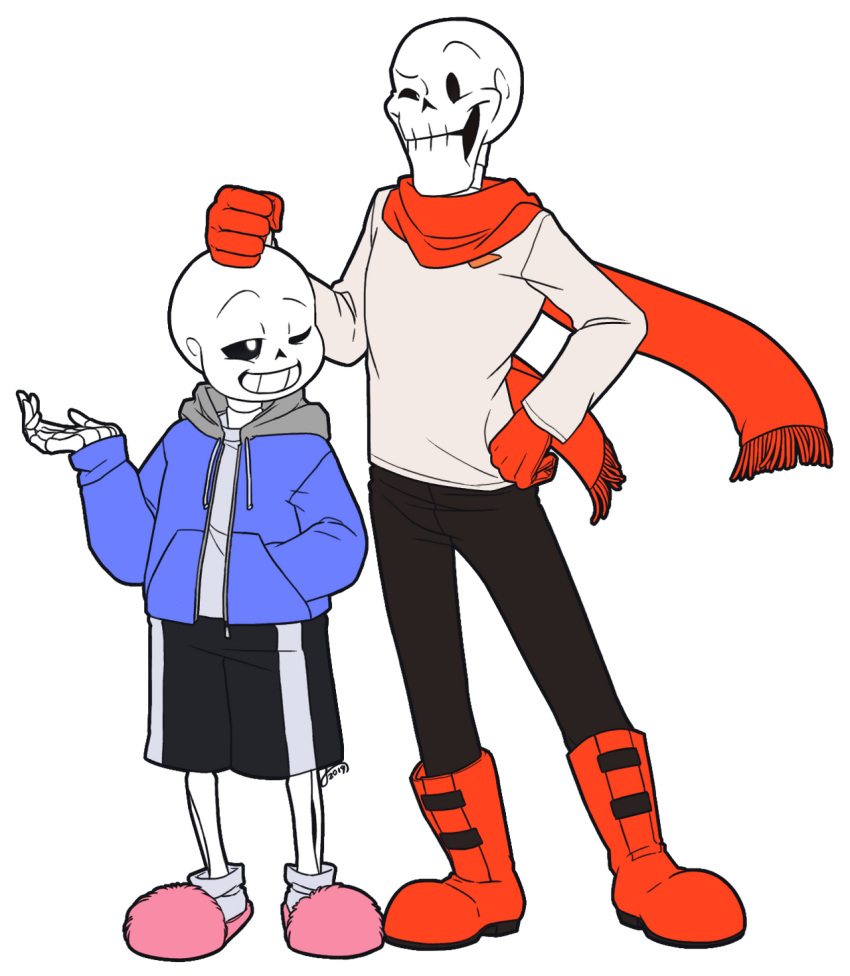 2019, 2boys, 2d, black_pants, black_shorts, blue_jacket, boots, brothers, clenched_hand, commentary, deviantart_sample, digital_media, drawstring, duo, english_commentary, eye_contact, full_body, gloves, grey_hood, grey_shirt, grey_stripes, hand_in_pocket, hand_on_another's_head, hand_on_own_hip, hand_up, height_difference, hollow_eyes, hood, hood_down, hooded_jacket, humanoid, image_sample, jacket, long_sleeves, looking_at_another, male, male_focus, male_only, monster, monster_boy, multiple_boys, nanobanana, one_eye_closed, open_clothes, open_jacket, pants, papyrus_(undertale), pink_slippers, red_boots, red_gloves, red_scarf, sans_(undertale), scarf, shirt, siblings, simple_background, single_vertical_stripe, skeleton, slippers, socks, standing, striped_shorts, sweater, teeth, transparent_background, undead, undertale, utdr_(toby_fox), vertical-striped_clothes, vertical-striped_shorts, white_socks, yellow_sweater, zipper