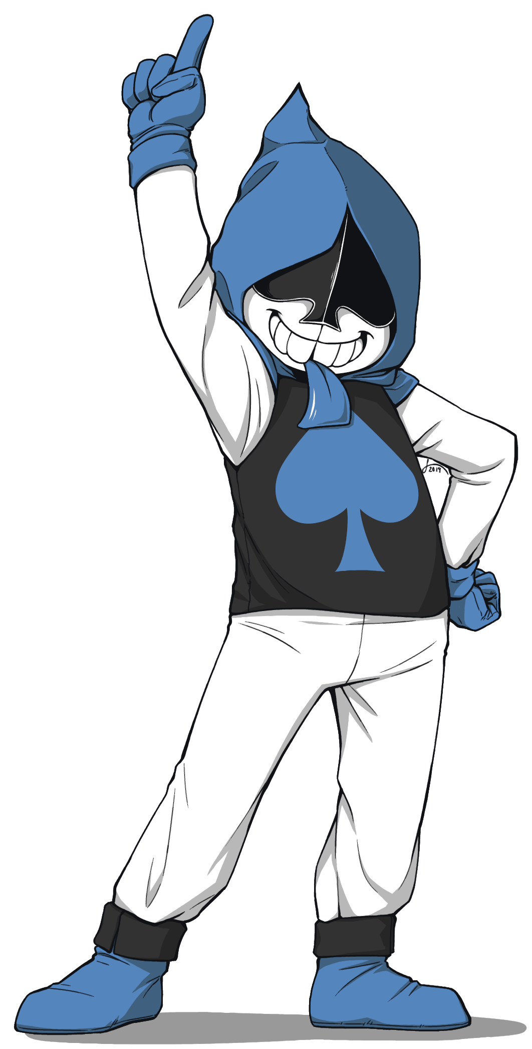 1boy, 2019, 2d, arm_up, blue_gloves, blue_hood, blue_tongue, colored_tongue