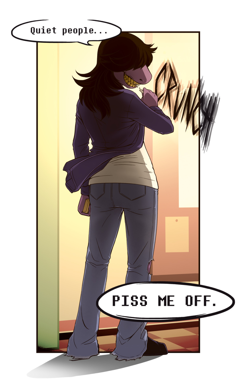 1girl, 2019, 2d, anthro, back, blue_pants, border, box