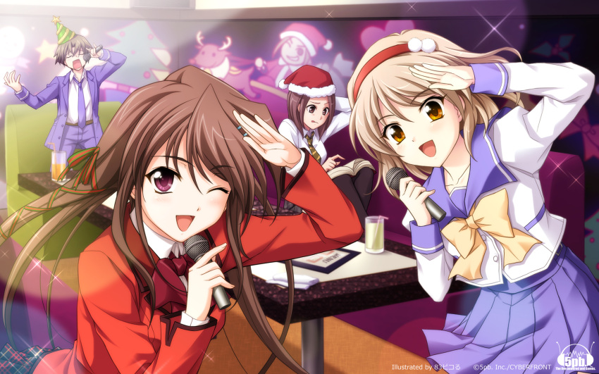 1boy, 3girls, 83pikoru, black_thighhighs, blonde_hair, brown_hair, character_request, christmas