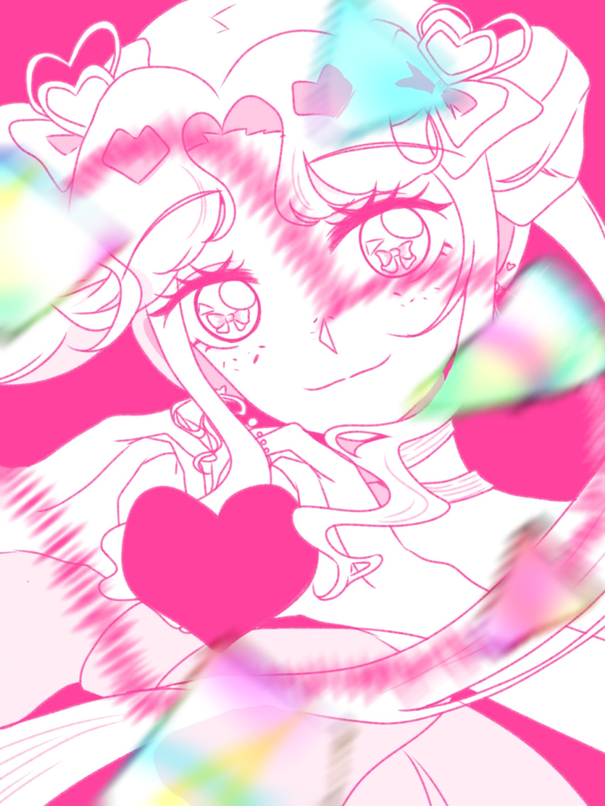 1girl, bare_arms, bare_shoulders, bow, bow_in_eye, bubble, closed_mouth, double_bun