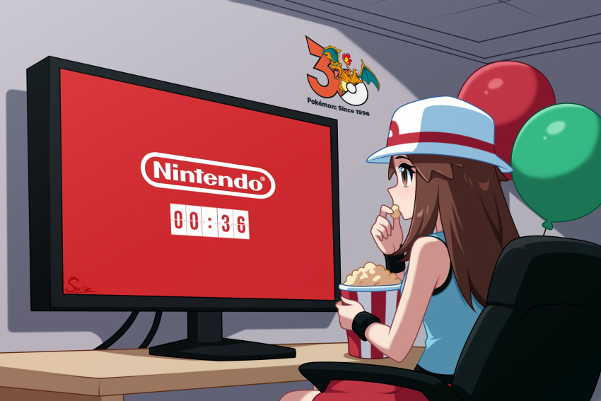 1girl, balloon, bare_arms, blue_shirt, brown_eyes, brown_hair, food, happy_anniversary