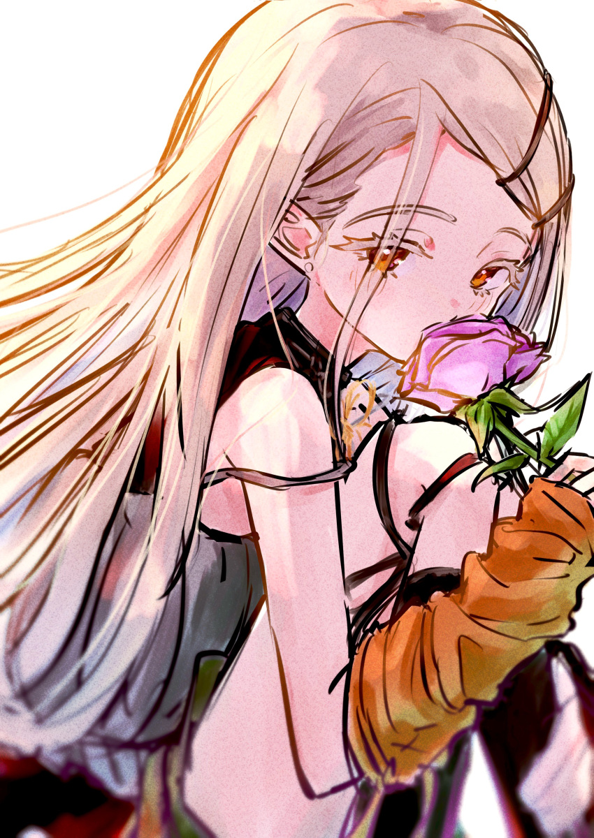 1girl, absurdres, arm_warmers, black_shirt, blush, brown_arm_warmers, colored_eyelashes, commentary, covering_own_mouth, earrings, endless_dance_(idolmaster), flower, from_side, gakuen_idolmaster, grey_hair, hair_ornament, hairclip, highres, holding, holding_flower, idolmaster, jewelry, knees_to_chest, knees_up, long_hair, looking_at_viewer, orange_eyes, parallel_hairclips, purple_flower, purple_rose, rose, shinosawa_hiro, shirt, sitting, sleeveless, sleeveless_shirt, solo, strap_slip, stud_earrings, white_background, yrouumkinnoaw
