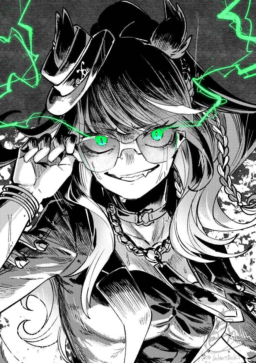 1girl, absurdres, animal_ears, bracelet, breasts, choker, ears_through_headwear, eye_trail