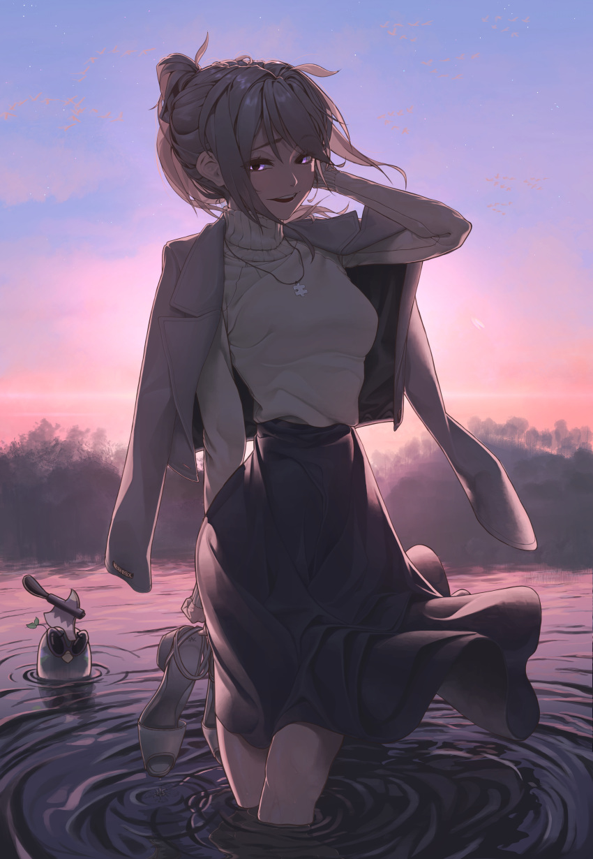 1girl, absurdres, backlighting, black_skirt, braid, breasts, commentary, dulgi_(ine_(vtuber)), evening, flower, gradient_sky, grey_hair, grey_jacket, grey_sweater, hayahbyeol, high_heels, highres, holding, holding_sandals, holding_shoes, holding_unworn_clothes, ine_(vtuber), jacket, jacket_on_shoulders, jewelry, long_hair, long_skirt, long_sleeves, looking_at_viewer, medium_breasts, necklace, open_mouth, outdoors, plant, ponytail, ribbed_sweater, ripples, sandals, shoes, sidelocks, skirt, sky, smile, solo, standing, sunset, sweater, turtleneck, turtleneck_sweater, twilight, unworn_shoes, violet_eyes, virtual_youtuber, wading, waktaverse, walking, walking_on_liquid, water, white_sweater