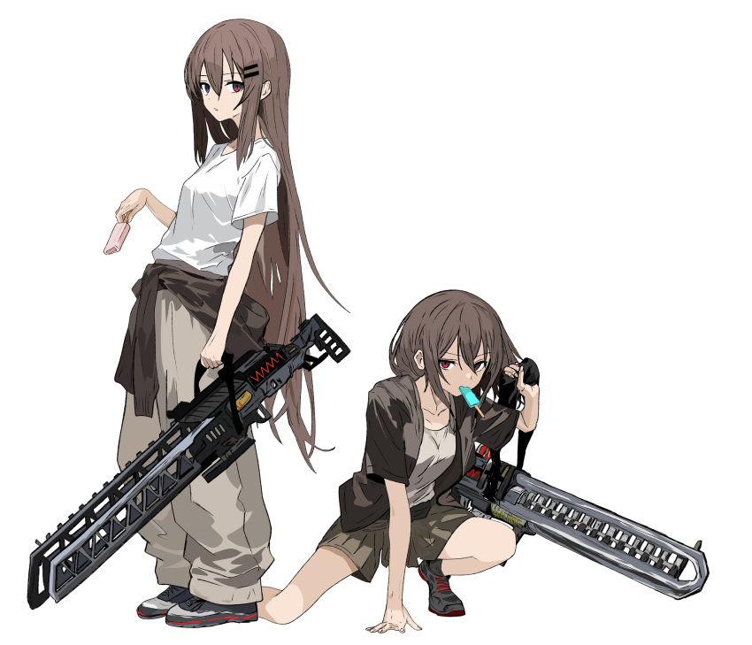 218_(niiya), 2girls, blue_eyes, brown_hair, brown_jacket, clothes_around_waist, food, food_in_mouth
