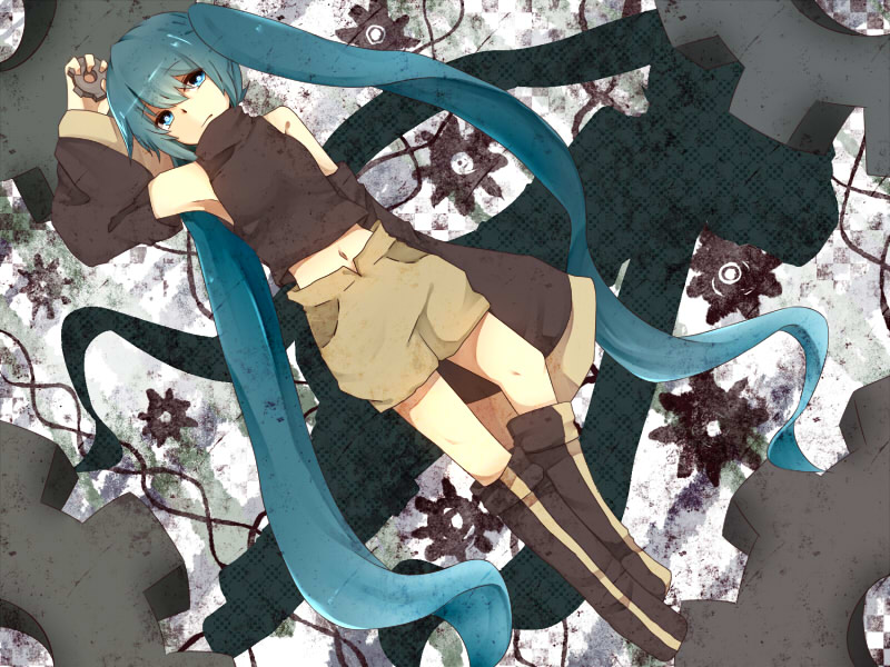 aqua_eyes, aqua_hair, bad_id, detached_sleeves, gears, hatsune_miku, ka_rura, long_hair, midriff, nanameueiku, navel, shorts, solo, twintails, very_long_hair, vocaloid