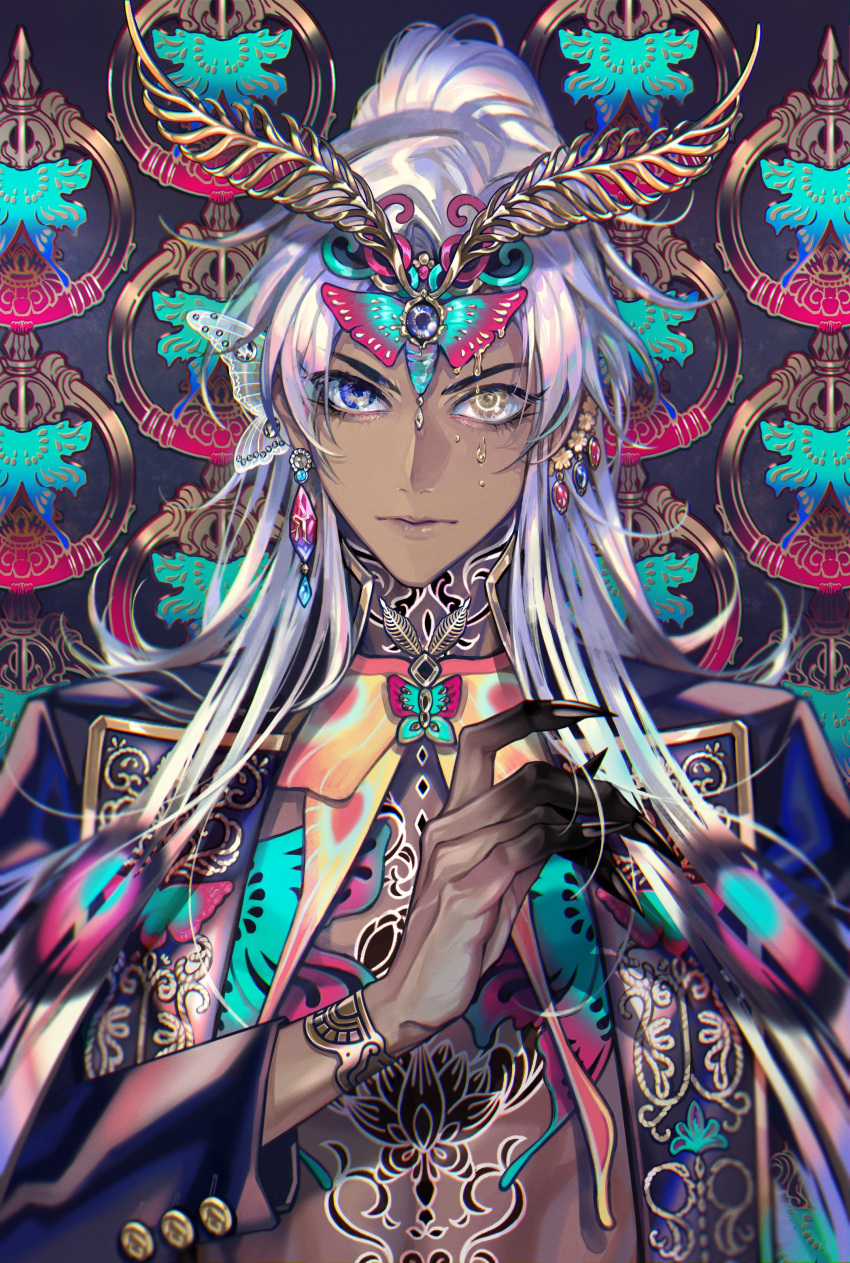1boy, :|, absurdres, alternate_costume, antennae, aqua_butterfly, black_background, black_hands