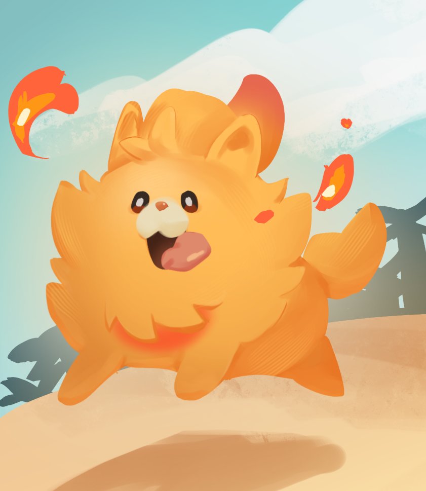blue_sky, clouds, cloudy_sky, cyanroll, dog_tail, open_mouth, orange_fur, pokemon, pokemon_(creature), pombon, running, sky, tail, tongue, tongue_out