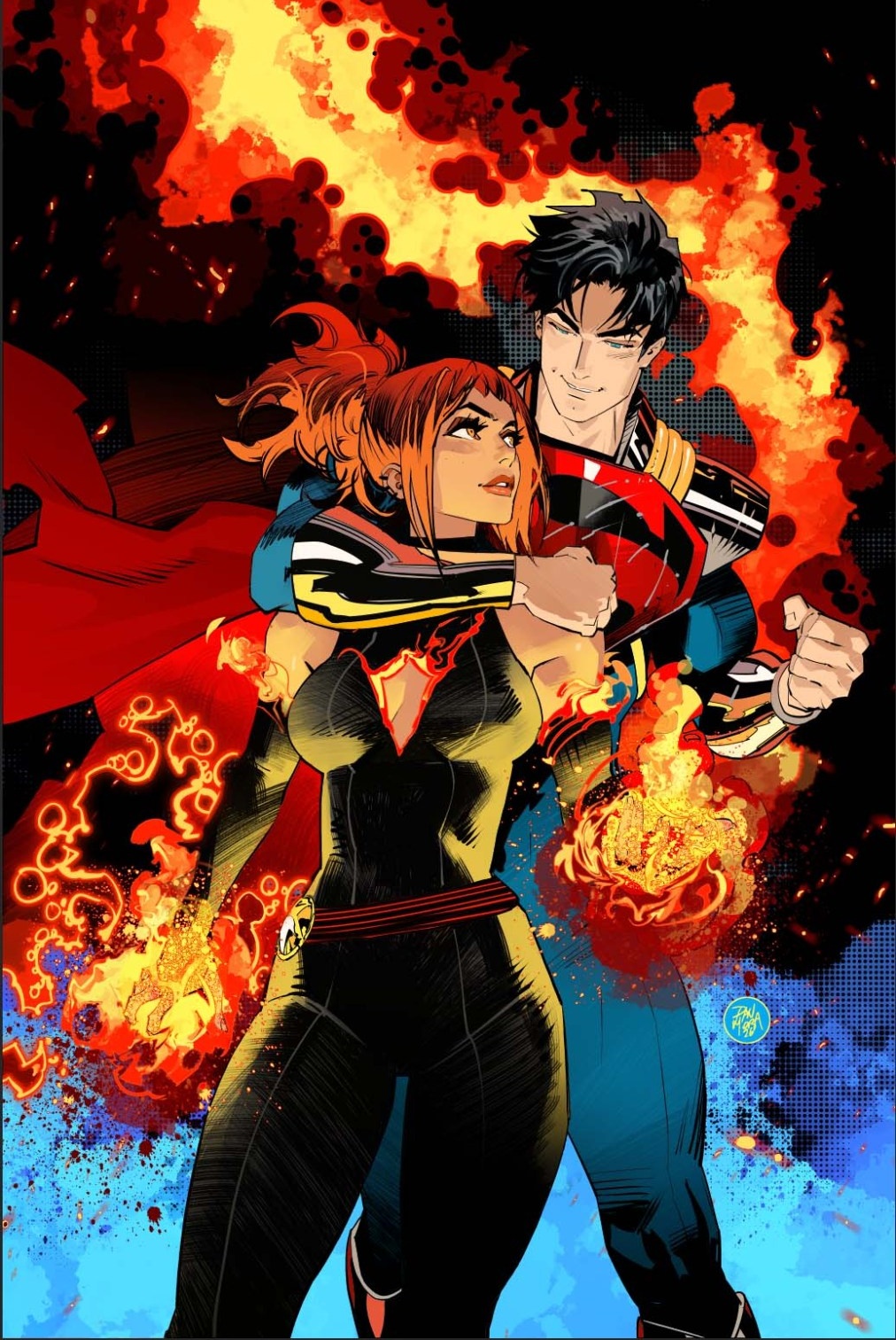1boy, 1girl, black_hair, bodysuit, cape, dan_mora, dc_comics, fire