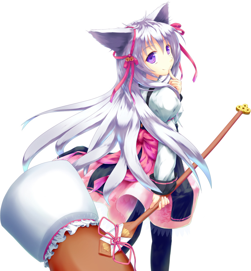 animal_ears, bow, dress, finger_to_mouth, hair_ribbon, hammer, highres, long_hair
