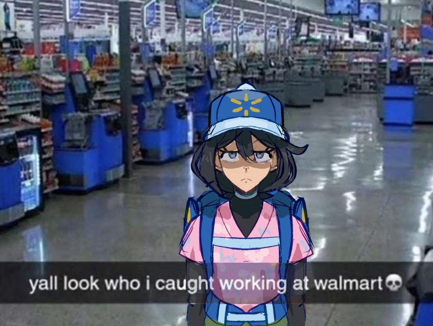 1girl, annoyed, backpack, bag, black_hair, blue_hat, grey_eyes, hat