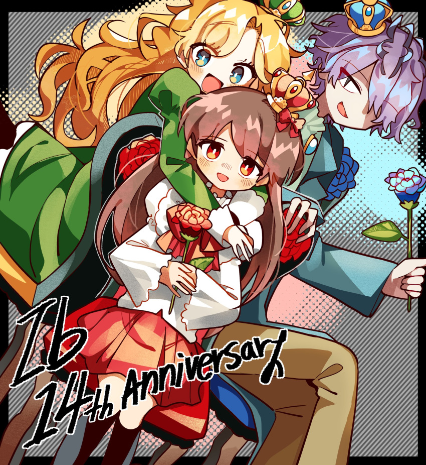 1boy, 2girls, :d, angelsmason, anniversary, black_border, black_eyes, black_socks