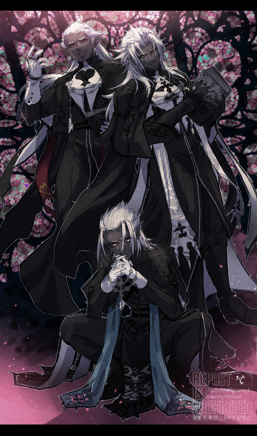 3boys, absurdres, alternate_costume, ansem_seeker_of_darkness, book, commentary_request, dark_skin, evil_smile