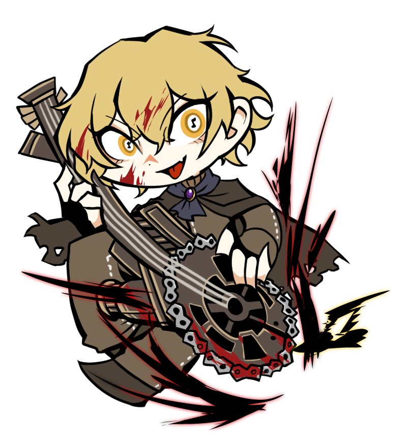 1boy, banjo, black_gloves, blonde_hair, chibi, commentary, e.g.o_(project_moon), fang