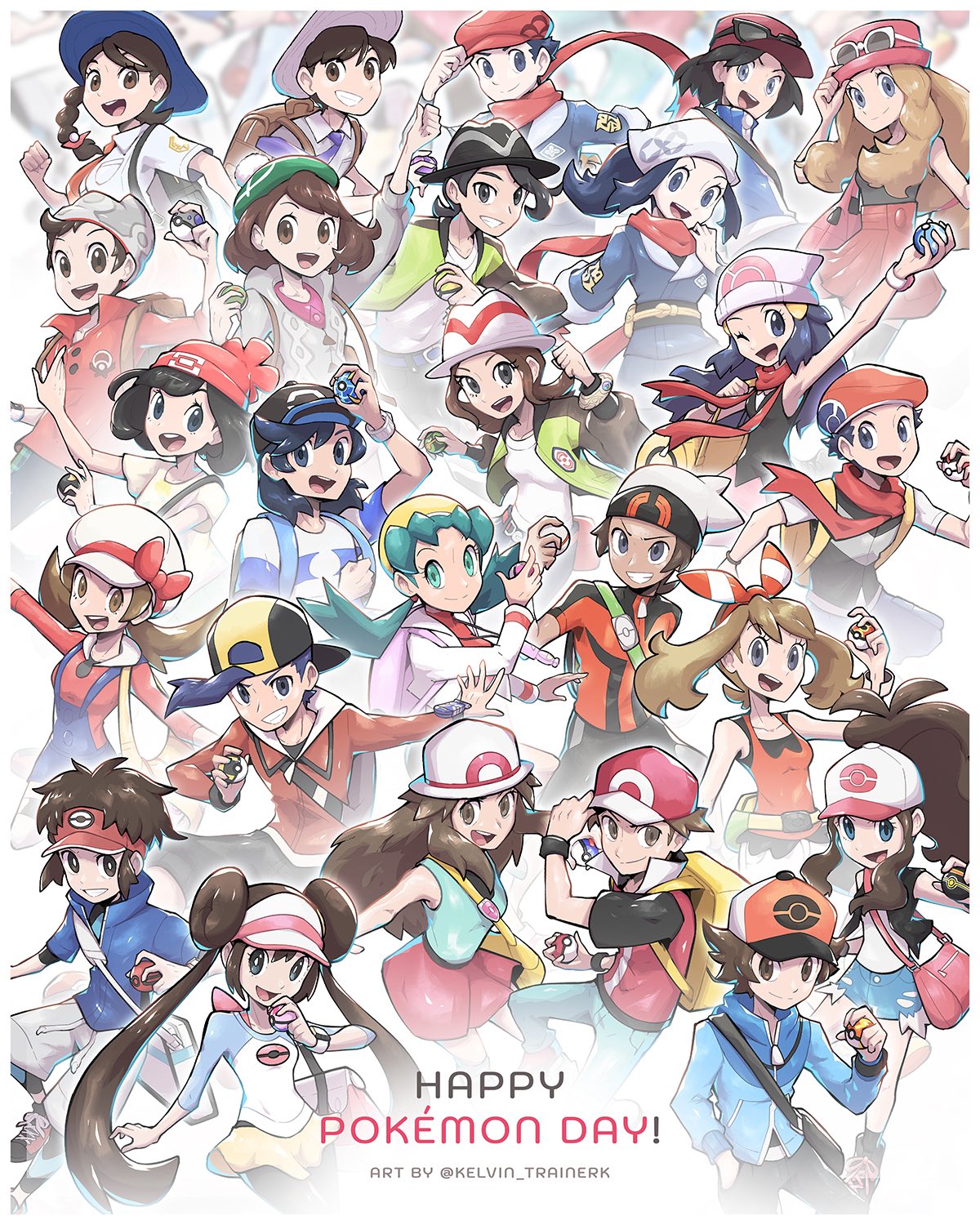 6+boys, 6+girls, :d, akari_(pokemon), anniversary, arm_up, backpack, bag