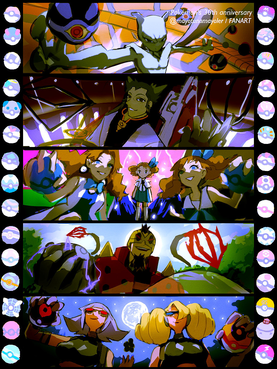 2boys, 3girls, annie_(pokemon), anniversary, blonde_hair, brown_hair, closed_mouth, clouds