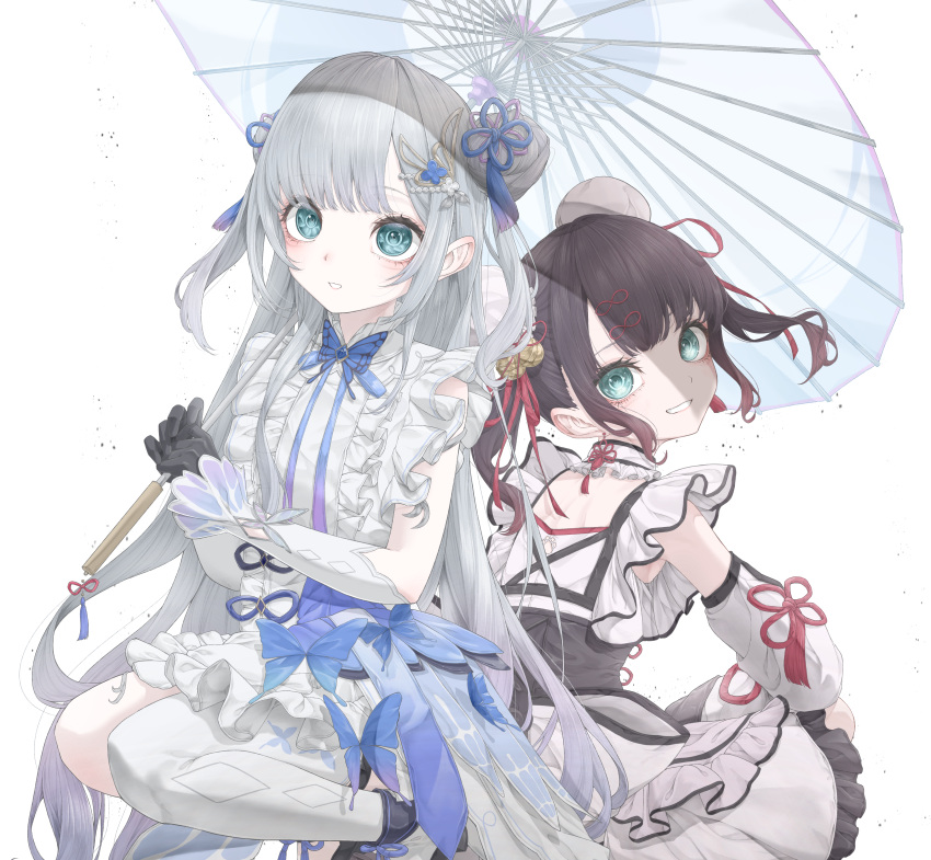 2girls, absurdres, aqua_eyes, arm_warmers, black_hair, bun_cover, commentary, double_bun