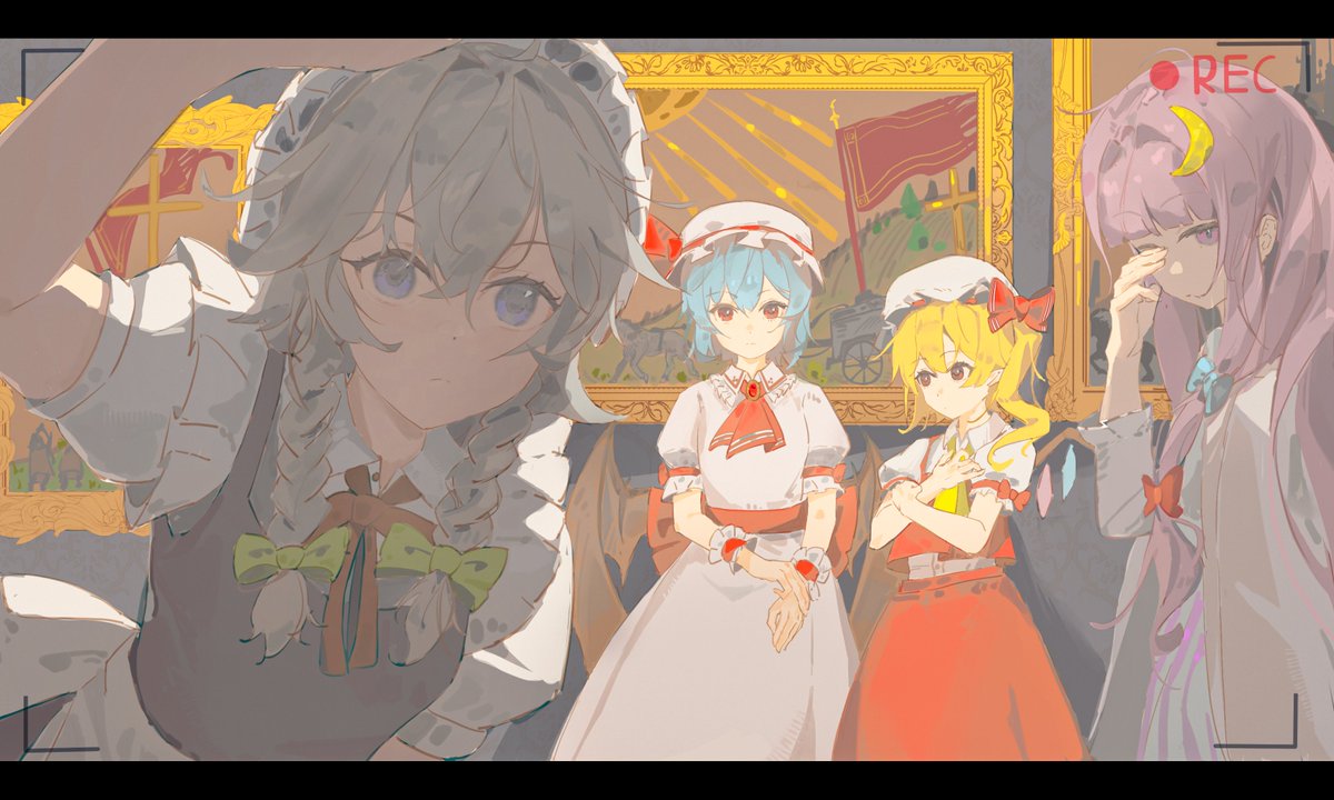 4girls, apron, ascot, bat_wings, blonde_hair, blue_eyes, blue_hair, bow