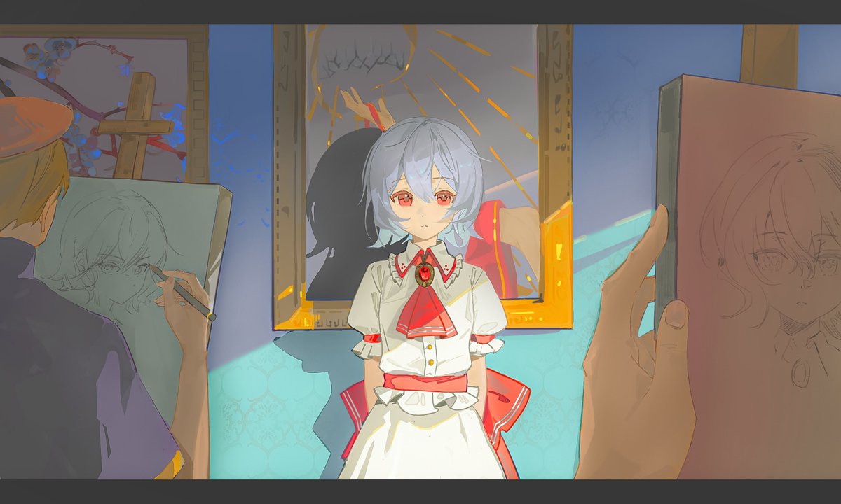 1boy, 1girl, 1other, arms_behind_back, ascot, back_bow, blue_hair, bow, brooch, closed_mouth, collared_shirt, commentary, drawing_(action), drawing_(object), easel, frilled_shirt_collar, frills, hashtag-only_commentary, jewelry, letterboxed, li_meng_shan, missing_headwear, missing_wings, painting_(object), puffy_short_sleeves, puffy_sleeves, red_ascot, red_bow, red_eyes, remilia_scarlet, shadow, shirt, short_hair, short_sleeves, skirt, touhou, white_shirt, white_skirt