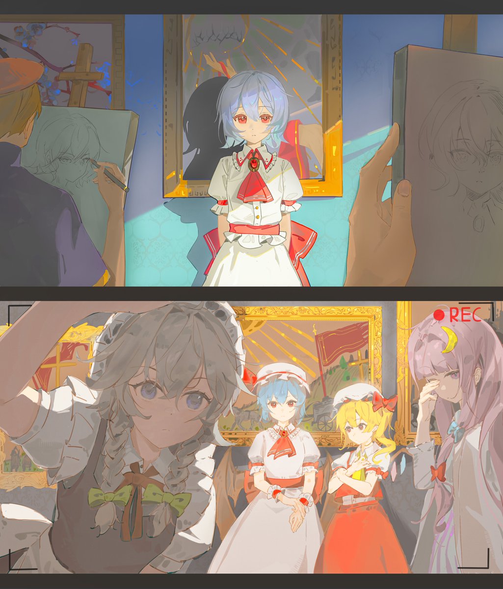 1boy, 1girl, 1other, 4girls, apron, arms_behind_back, ascot, back_bow, bat_wings, blonde_hair, blue_eyes, blue_hair, bow, bowtie, braid, brooch, closed_mouth, collared_shirt, commentary, crescent, crescent_hat_ornament, crystal, crystal_wings, drawing_(action), drawing_(object), easel, flandre_scarlet, frilled_shirt_collar, frills, green_bow, grey_hair, hair_bow, hashtag-only_commentary, hat, hat_bow, hat_ornament, highres, izayoi_sakuya, jewelry, letterboxed, li_meng_shan, maid, maid_headdress, missing_headwear, missing_wings, mob_cap, multicolored_wings, multiple_girls, one_side_up, painting_(object), patchouli_knowledge, pink_hat, pink_shirt, pink_skirt, puffy_short_sleeves, puffy_sleeves, purple_hair, recording, red_ascot, red_bow, red_bowtie, red_eyes, red_skirt, red_vest, remilia_scarlet, shadow, shirt, short_hair, short_sleeves, siblings, sisters, skirt, skirt_set, touhou, twin_braids, vest, viewfinder, violet_eyes, waist_apron, white_hat, white_shirt, white_skirt, wings, wrist_cuffs, yellow_ascot