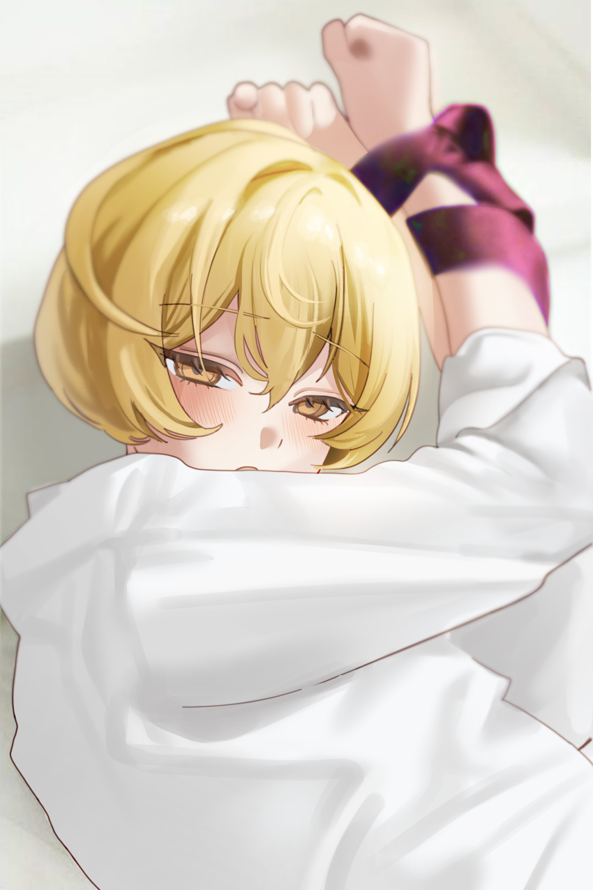 1boy, absurdres, blonde_hair, blurry, blurry_background, blush, bound, bound_wrists