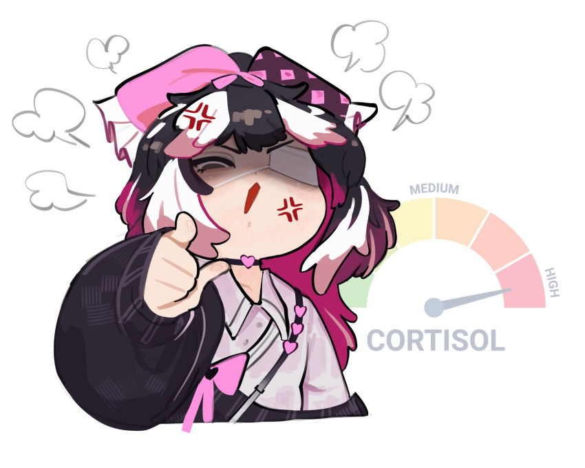 1other, anger_vein, black_choker, black_eyes, black_hair, black_sweater, bow, choker