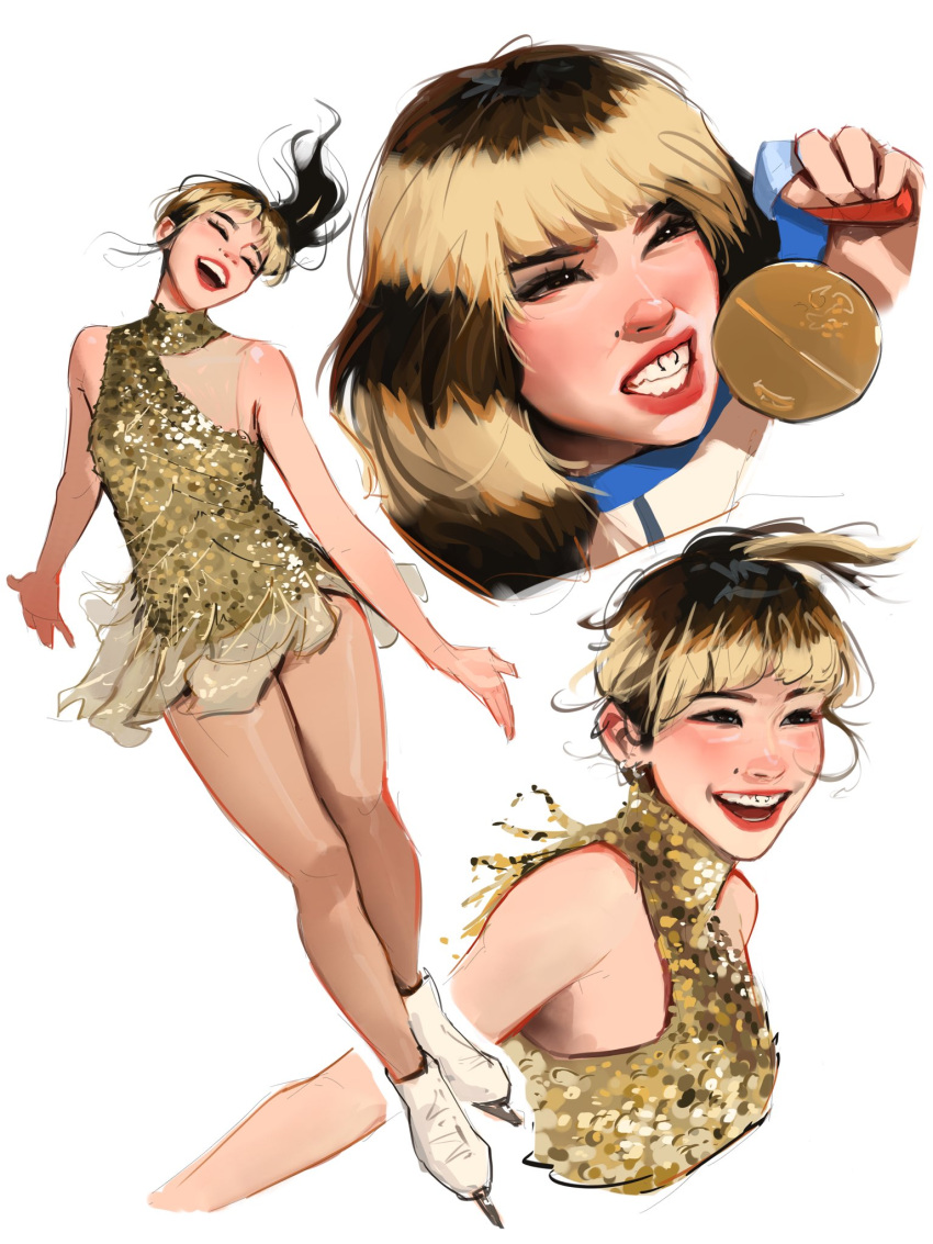 alysa_liu, clenched_teeth, commentary, dress, figure_skating, figure_skating_dress, full_body, glitter