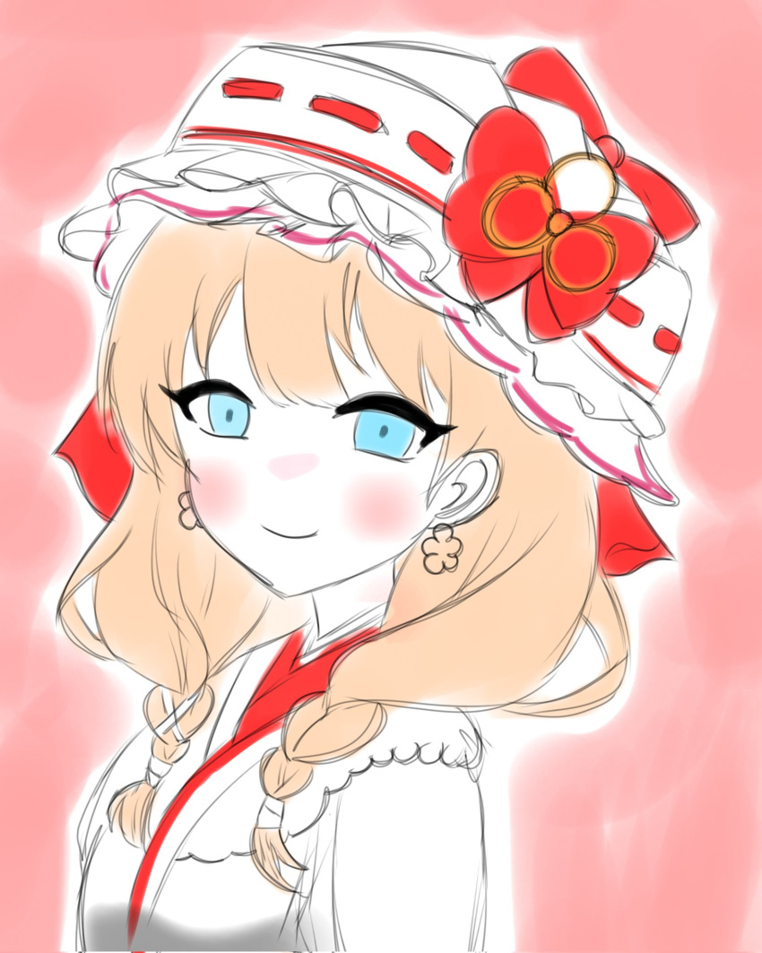 1girl, blonde_hair, blue_eyes, blush, bow, bowtie, braid, commentary_request, frilled_hat, frills, hat, highres, hirotyankay, japanese_clothes, long_hair, looking_at_viewer, magical_girl, mahou_shoujo_no_inshuu_mura, red_bow, red_bowtie, twin_braids