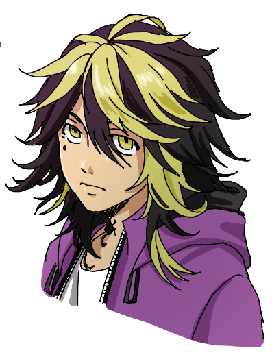 1boy, black_hair, blonde_hair, cassis4rt, closed_mouth, hanemiya_kazutora, hood, hoodie, long_hair, male_focus, mole, mole_under_eye, multicolored_hair, neck_tattoo, official_alternate_costume, official_alternate_hairstyle, simple_background, tattoo, tokyo_revengers, tokyo_revengers_unlimited, two-tone_hair, white_background, yellow_eyes