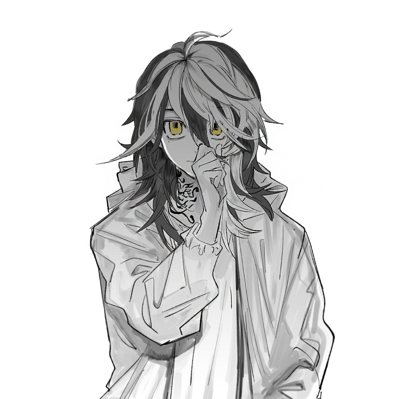 1boy, adjusting_hair, closed_mouth, commentary, hanemiya_kazutora, highres, hood, hoodie
