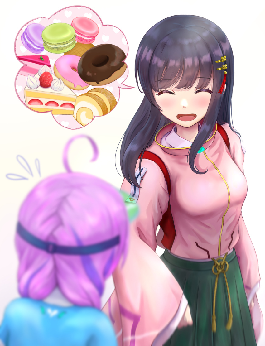 2girls, ahoge, black_hair, cake, cake_slice, closed_eyes, commentary_request, date_akari