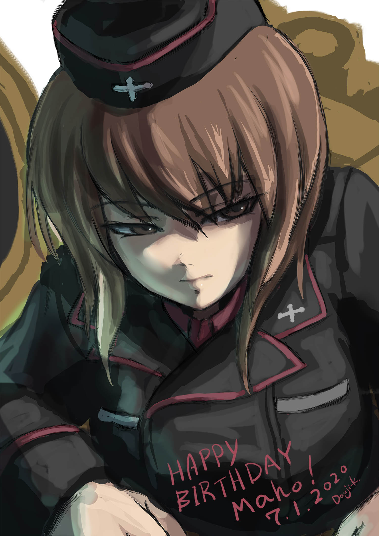 1girl, artist_name, black_hat, black_jacket, breasts, brown_eyes, brown_hair, clenched_hands