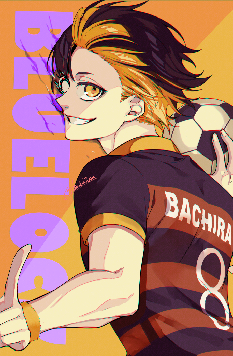 1boy, bachira_meguru, ball, black_hair, blonde_hair, blue_lock, character_name_tattoo, commentary_request