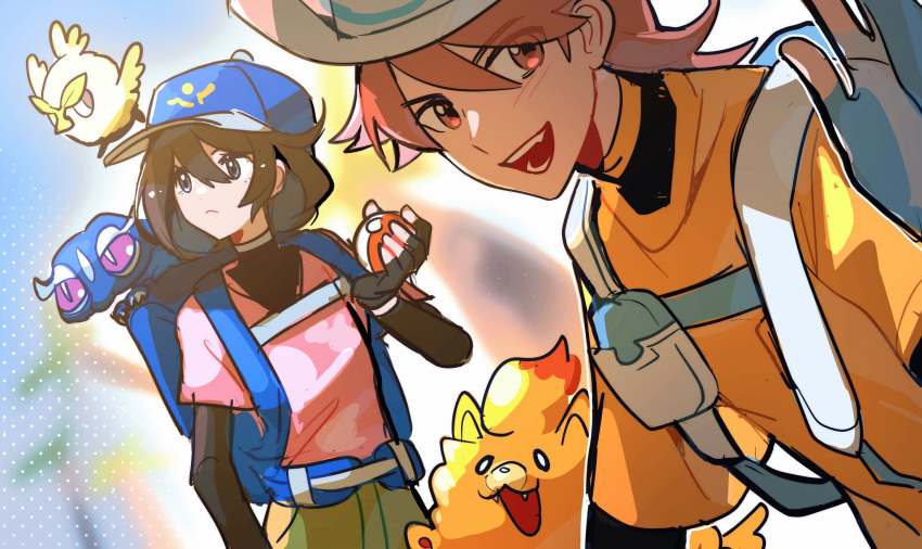 1boy, 1girl, backpack, bag, black_hair, browt, female_protagonist_(pokemon_ww), gecqua, gloves, green_shorts, grey_eyes, hat, highres, holding, holding_poke_ball, male_protagonist_(pokemon_ww), meng78811585, open_mouth, orange_fur, pink_shirt, poke_ball, poke_ball_(basic), pokemon, pokemon_(creature), pokemon_ww, pombon, shirt, short_hair, shorts, smile