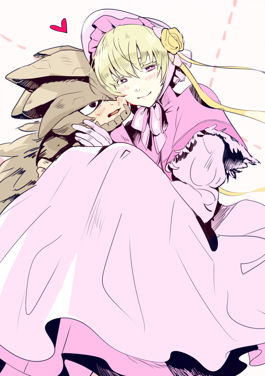 1boy, 1girl, absurdres, blonde_hair, blush, bonnet, capelet, carrying