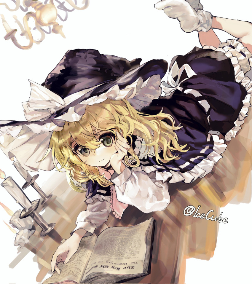 1girl, black_capelet, black_skirt, blonde_hair, bloomers, book, bow, bowtie