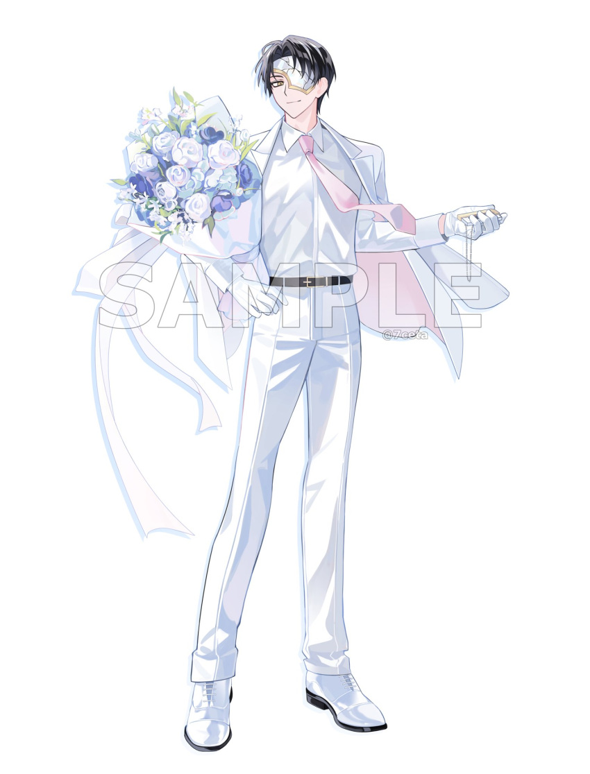 1boy, 7ceta, belt, black_belt, black_hair, blue_flower, bouquet, collared_shirt